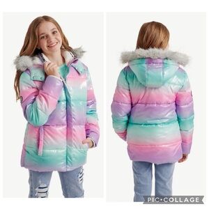Justice Girls Pink Rainbow Puffer Jacket Coat Faux Fur Lined Hood size Medium 10